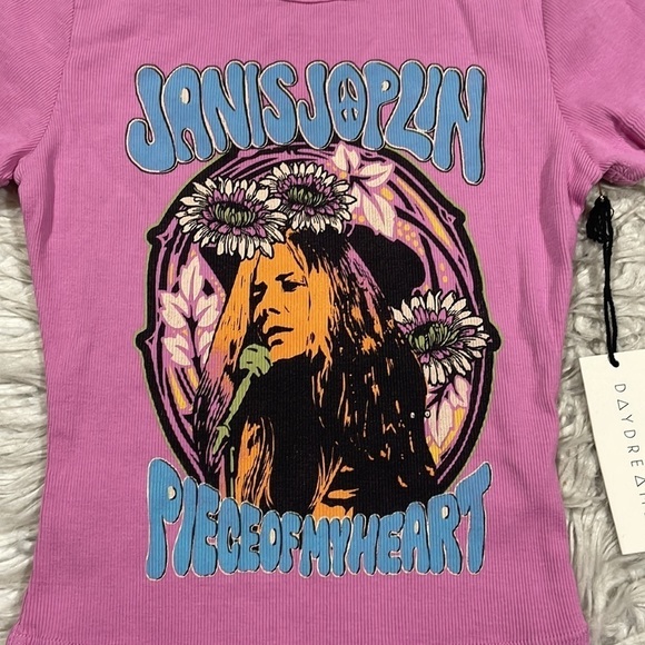 NWT Daydreamer Janis Joplin Piece Of My Heart Baby Tee Pink Retro Boho - Picture 7 of 9
